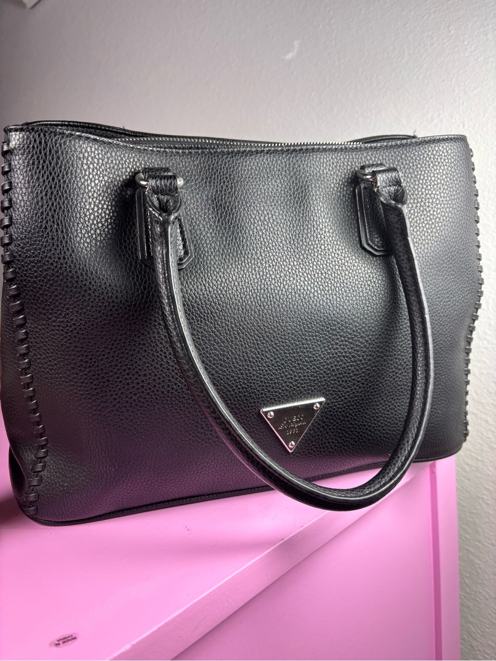 GUESS Black Pebbled Leather Tote with Silver Hardware - Picture 9 of 14